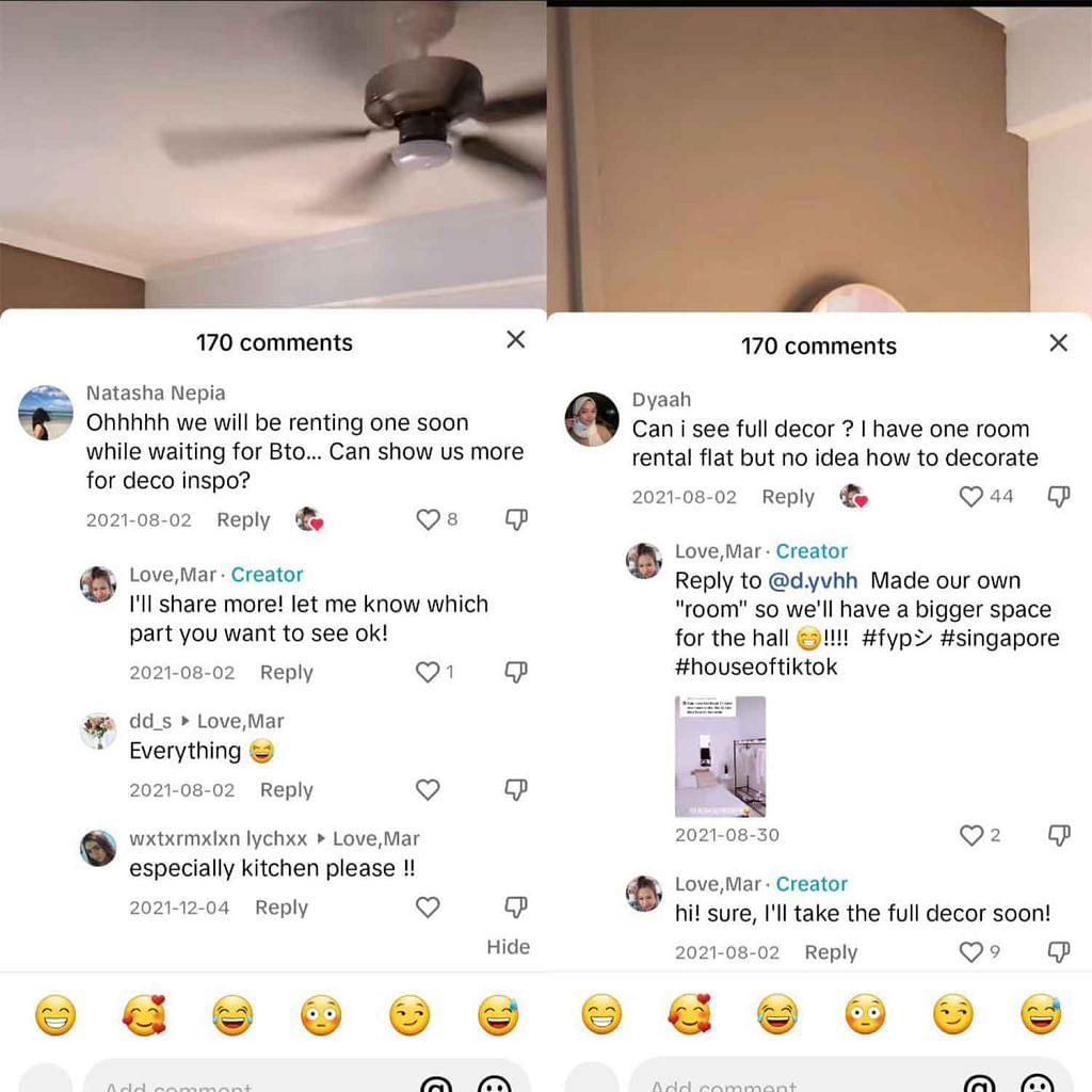 Tiktok Account Love Mar showcases their HDB Rental Flat Renovation and home decor interior design journey. Screengrabs of comment section