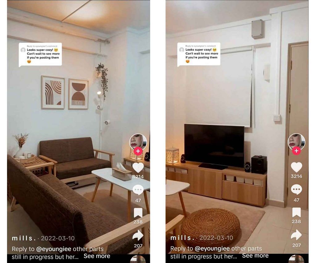 Tiktok account screengrab - user Mill's warm wood and cosy interior design of her HDB Rental Flat